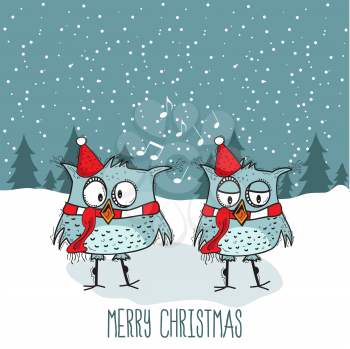 Funny Christmas card with cute owls who singing Christmas carol