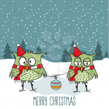 Funny Christmas card with cute owls