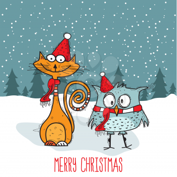 Funny Christmas card with cute owl and cat