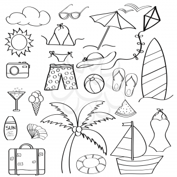 Doodle cartoon items summer holiday collection  For coloring. Vector 