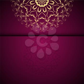 Vector gold oriental arabesque pattern background with place for text. Garnet color