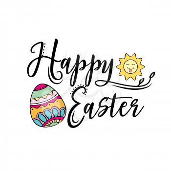 Happy Easter greeting text decorate with sun and Easter egg. Perfect for Easter greeting card . Vector illustration, isolated on white