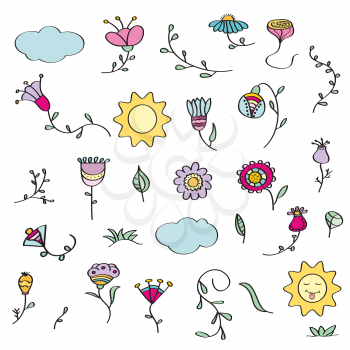 Hand drawn doodle set of flowers. Vector illustration, isolated on white background