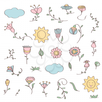 Hand drawn doodle set of flowers. Vector illustration, isolated on white background