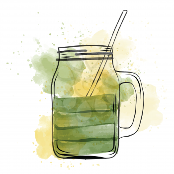 Hand drawn green smoothie jar in watercolor style, vector format