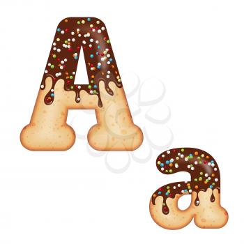 Tempting typography. Font design. Icing letter. Sweet 3D donut  letter A glazed with chocolate cream and candy. Vector
