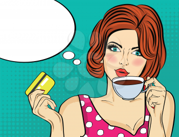 Sexy pop art woman with coffee cup. Advertising poster in comic style. Vector