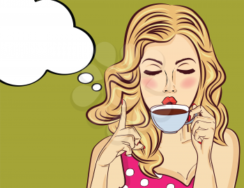 Sexy blonde pop art woman with coffee cup. Advertising poster in comic style. Vector