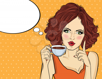 Sexy pop art woman with coffee cup. Advertising poster in comic style. Vector