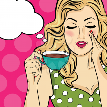 Sexy blonde pop art woman with coffee cup. Advertising poster in comic style. Vector