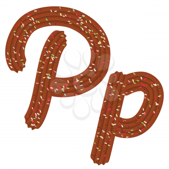 Tempting tipography. Font design. Icing letter. Sweet 3D letter  P of the chocolate cream and candy. Vector