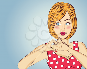 Blonde pop art woman making heart sign with hands. Comic woman . Pin up girl. Positive human emotion. Vector format