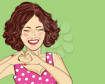 Pop art woman making heart sign with hands. Comic woman . Pin up girl. Positive human emotion. Vector format