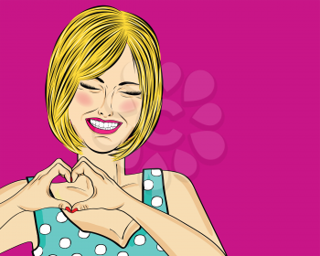 Blonde pop art woman making heart sign with hands. Comic woman . Pin up girl. Positive human emotion. Vector format