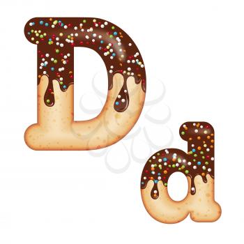 Tempting typography. Font design. Icing letter. Sweet 3D donut  letter D glazed with chocolate cream and candy. Vector