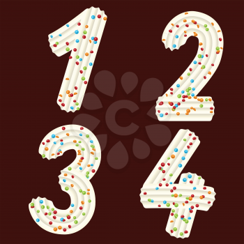 Tempting tipography. Font design. Icing letter. Sweet 3D numbers one, two, three, four  of the whipped cream and candy. Vector
