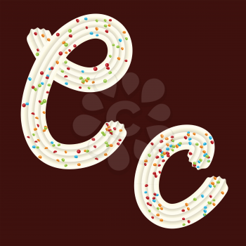 Tempting tipography. Font design. Icing letter. Sweet 3D letter C of the whipped cream and candy. Vector