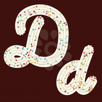 Tempting tipography. Font design. Icing letter. Sweet 3D letter D of the whipped cream and candy. Vector