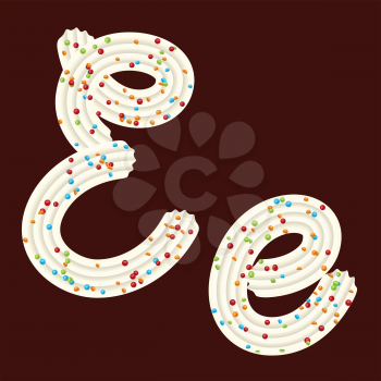 Tempting tipography. Font design. Icing letter. Sweet 3D letter E of the whipped cream and candy. Vector
