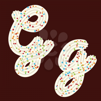 Tempting tipography. Font design. Icing letter. Sweet 3D letter G of the whipped cream and candy. Vector
