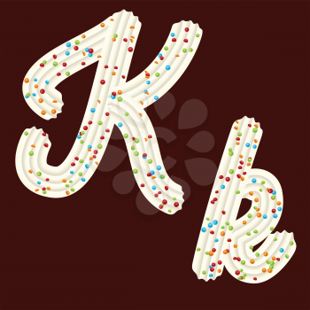 Tempting tipography. Font design. Icing letter. Sweet 3D letter K of the whipped cream and candy. Vector