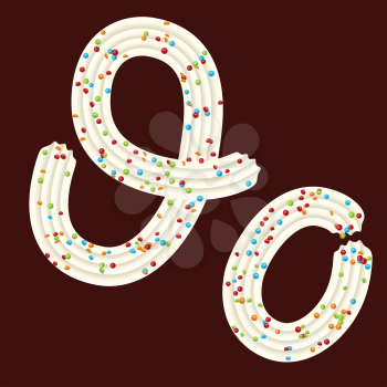 Tempting tipography. Font design. Icing letter. Sweet 3D letter O of the whipped cream and candy. Vector