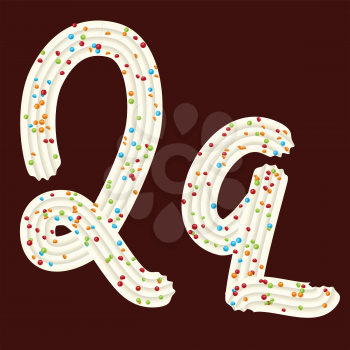 Tempting tipography. Font design. Icing letter. Sweet 3D letter Q of the whipped cream and candy. Vector