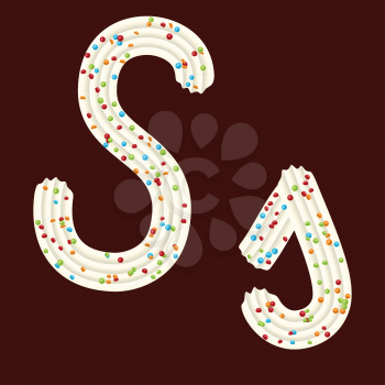 Tempting tipography. Font design. Icing letter. Sweet 3D letter S of the whipped cream and candy. Vector