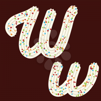 Tempting tipography. Font design. Icing letter. Sweet 3D letter W of the whipped cream and candy. Vector