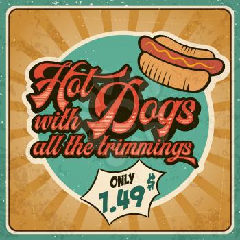 Retro advertising restaurant sign for hot dogs. Vintage poster, vector eps10