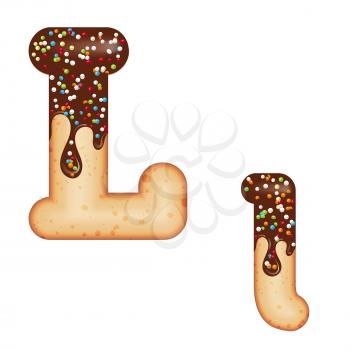Tempting typography. Font design. Icing letter. Sweet 3D donut  letter L glazed with chocolate cream and candy. Vector