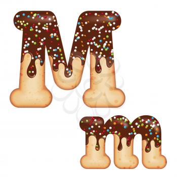 Tempting typography. Font design. Icing letter. Sweet 3D donut  letter M glazed with chocolate cream and candy. Vector