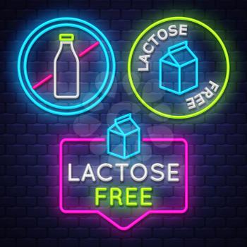 Lactose Free badge collection . Allergy sign. Neon sign. Vector