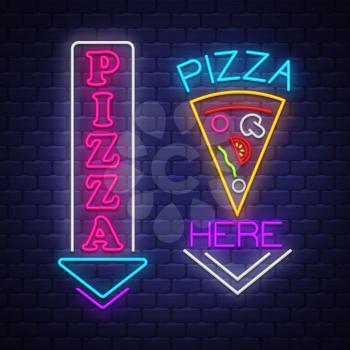 Pizza sign collection - Neon Sign Vector. Pizza sign collection  - neon sign on brick wall background, design element, light banner, announcement neon signboard, night advensing. Vector Illustration
