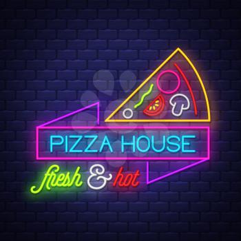 Pizza House - Neon Sign Vector. Pizza House - neon sign on brick wall background, design element, light banner, announcement neon signboard, night advensing. Vector Illustration