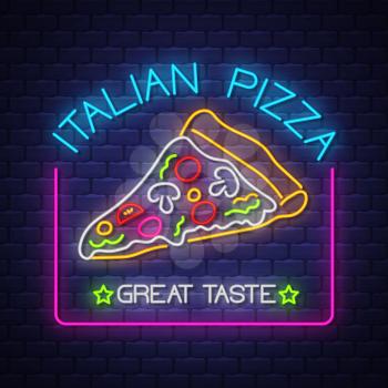 Italian Pizza - Neon Sign Vector. Italian Pizza - neon sign on brick wall background, design element, light banner, announcement neon signboard, night advensing. Vector Illustration