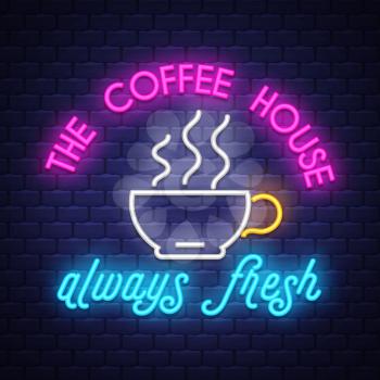 Coffee- Coffee Sign Vector. Tacos -  Badge in neon style on brick wall background, design element, light banner, announcement neon signboard, night advensing. Vector Illustration