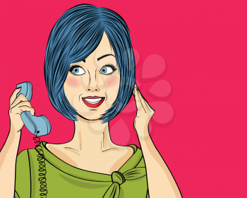 Delighted  pop art woman chatting on retro phone. Comic woman . Pin up girl. Vector illustration