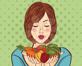 beautiful red-haired lady with vegetables in his hands, vector illustration