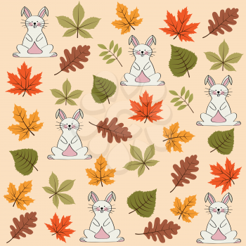 Doodle autumn seamless pattern with leaves and rabbits