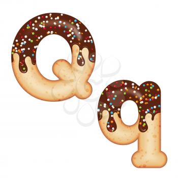Tempting typography. Font design. Icing letter. Sweet 3D donut  letter Q glazed with chocolate cream and candy. Vector