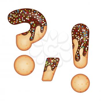 Tempting typography. Font design. Icing letter. Sweet 3D donut  punctuation marks glazed with chocolate cream and candy. Vector