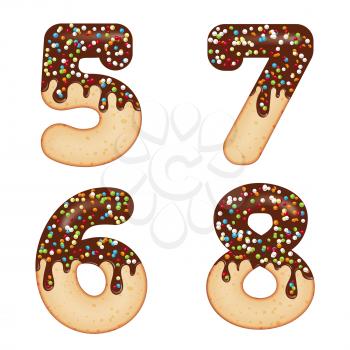 Tempting typography. Font design. Icing letter. Sweet 3D donut numbers five, six, seven, eight, glazed with chocolate cream and candy. Vector