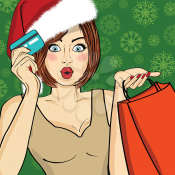Santa Girl  with bags and credit card. Pop art illustration