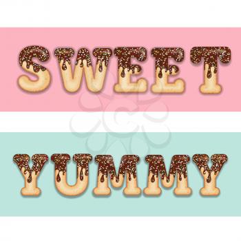 Tempting  typography. Icing text. Words sweet and yummy glazed with chocolate and candy. Donut letters. Collection items. Vector