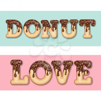 Tempting  typography. Icing text. Words donut and love glazed with chocolate and candy. Donut letters. Collection items. Vector