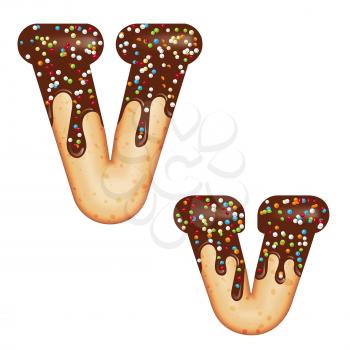 Tempting typography. Font design. Icing letter. Sweet 3D donut  letter V glazed with chocolate cream and candy. Vector