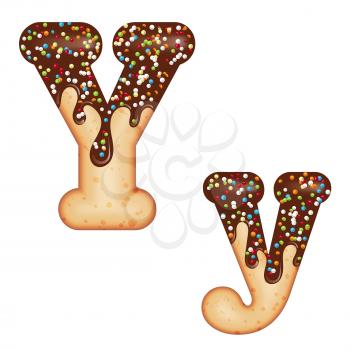 Tempting typography. Font design. Icing letter. Sweet 3D donut  letter Y glazed with chocolate cream and candy. Vector