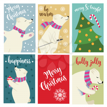 Christmas card collection with polar bears and wishes. Labels. Stickers. Flat design