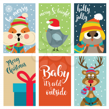 Christmas card collection with animals and wishes. Labels. Stickers. Flat design